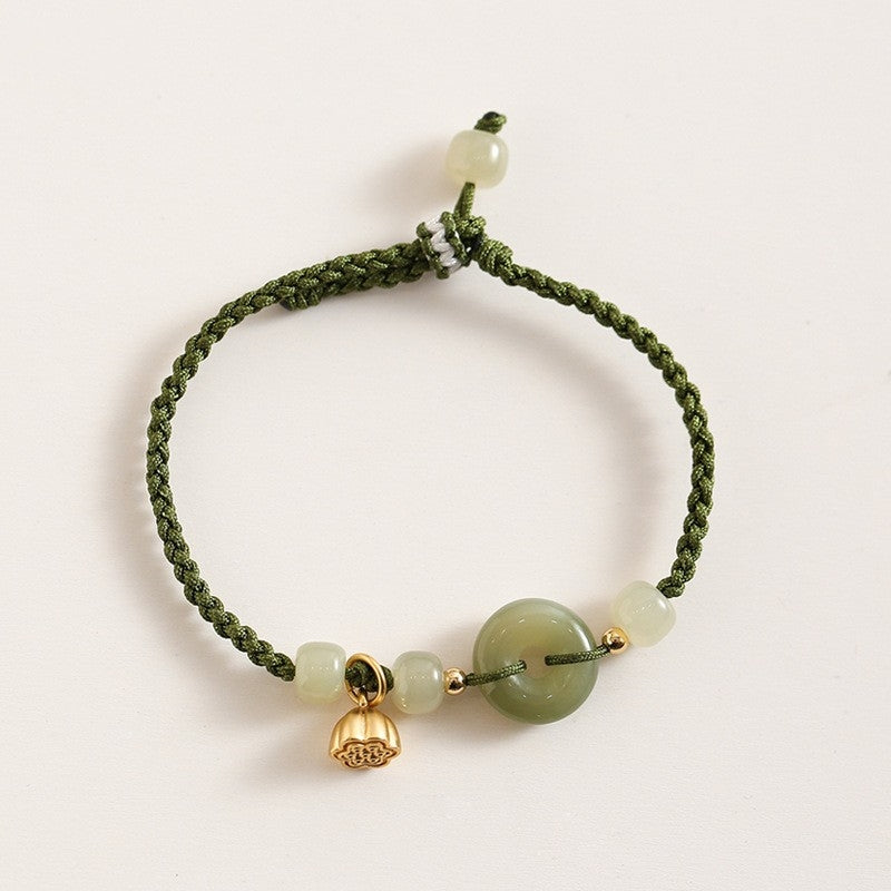 Hetian Jade Peace Buckle Bracelet Jade Peace Lotus Canopy Woven Rope Adjustable Bracelet
