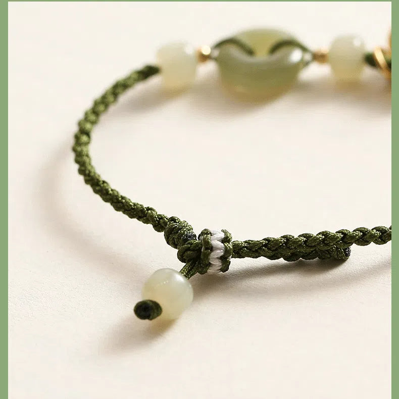 Hetian Jade Peace Buckle Bracelet Jade Peace Lotus Canopy Woven Rope Adjustable Bracelet