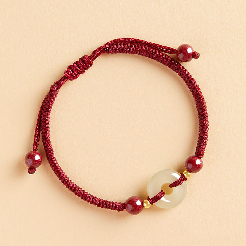 Hetian Jade Peace Buckle Red Rope Bracelet Female Cinnabar Couple Transfer Beads Exquisite-Bracelet New Year Gift