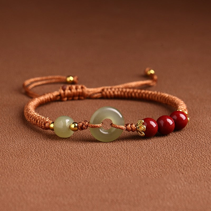 Hetian Jade Peace Buckle Bracelet Zodiac Year Woven Red Rope Vermilion Bracelet Transfer Beads Couple Bracelet