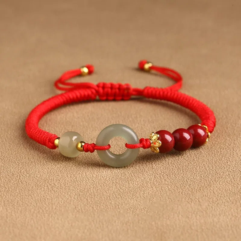 Hetian Jade Peace Buckle Bracelet Zodiac Year Woven Red Rope Vermilion Bracelet Transfer Beads Couple Bracelet