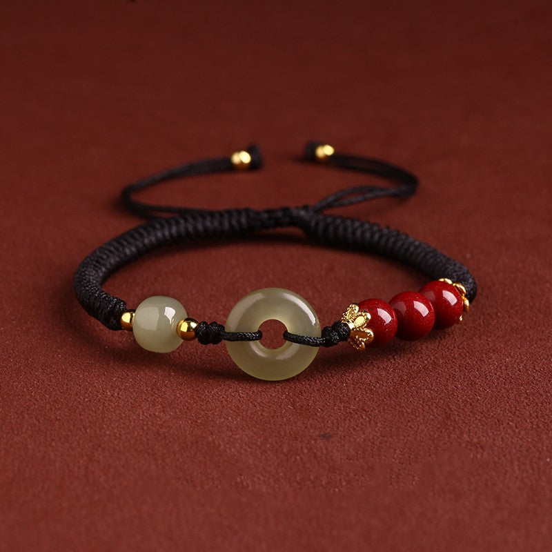 Hetian Jade Peace Buckle Bracelet Zodiac Year Woven Red Rope Vermilion Bracelet Transfer Beads Couple Bracelet