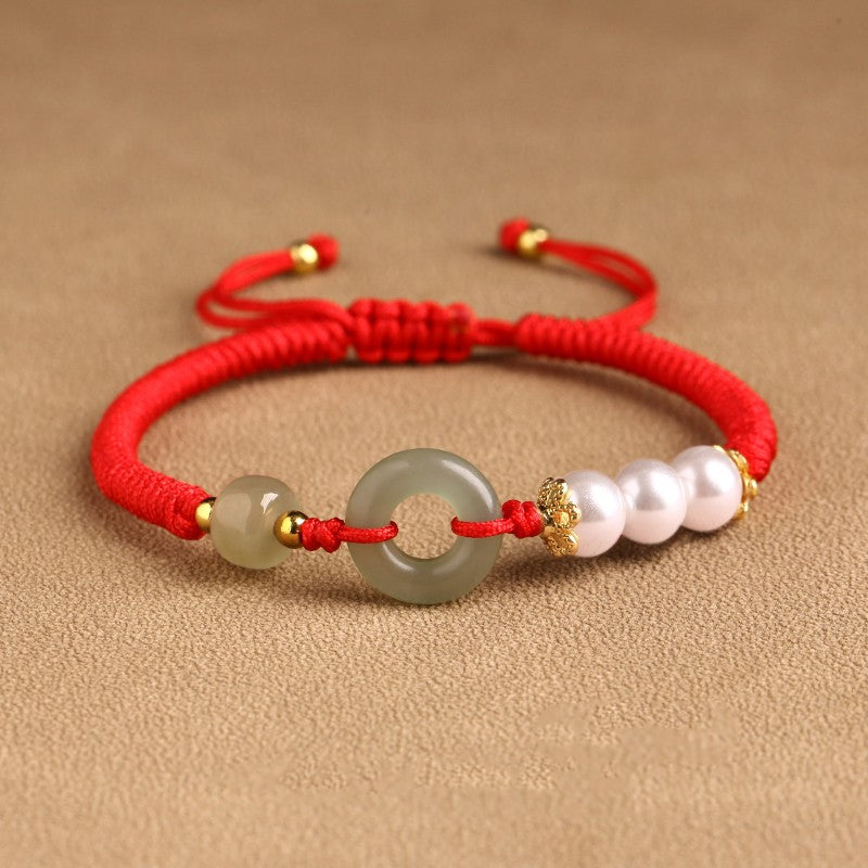 Hetian Jade Peace Buckle Bracelet Zodiac Year Woven Red Rope Vermilion Bracelet Transfer Beads Couple Bracelet