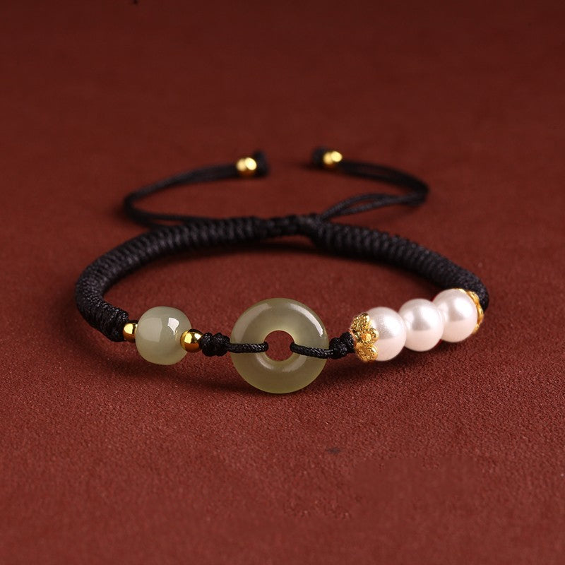 Hetian Jade Peace Buckle Bracelet Zodiac Year Woven Red Rope Vermilion Bracelet Transfer Beads Couple Bracelet