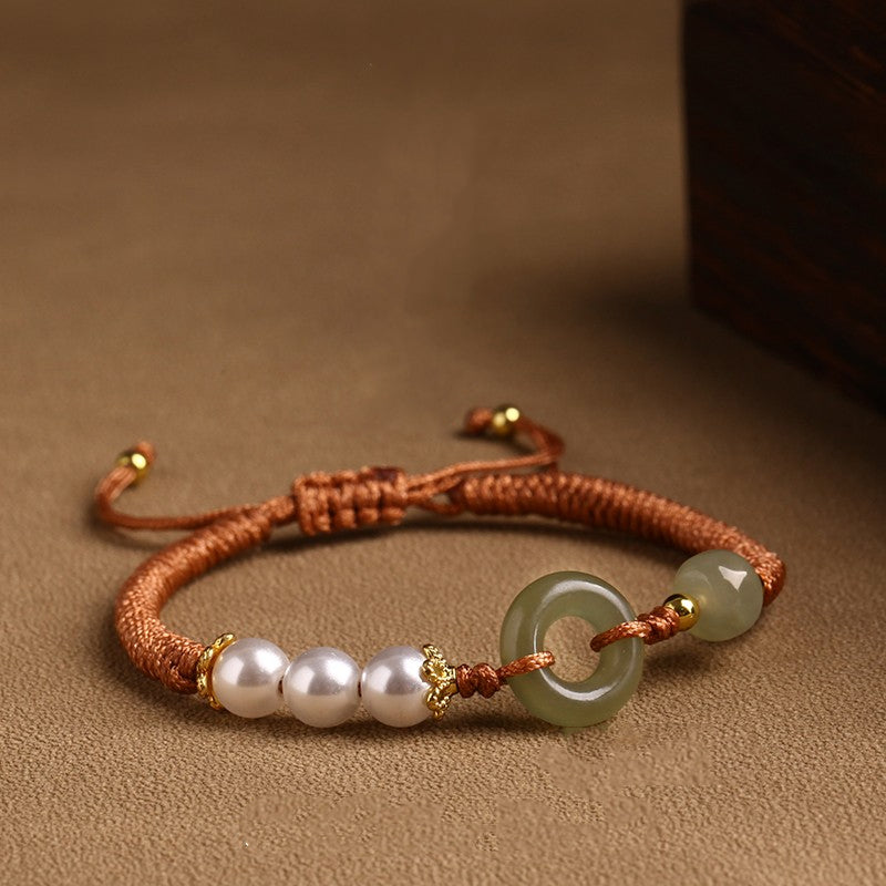 Hetian Jade Peace Buckle Bracelet Zodiac Year Woven Red Rope Vermilion Bracelet Transfer Beads Couple Bracelet