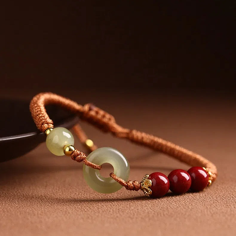 Hetian Jade Peace Buckle Bracelet Zodiac Year Woven Red Rope Vermilion Bracelet Transfer Beads Couple Bracelet