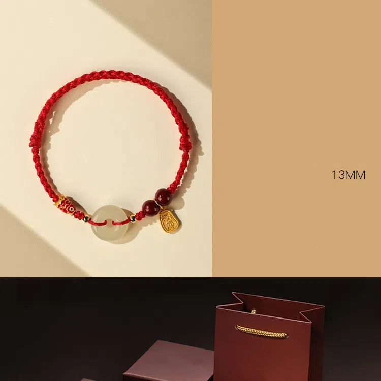 Red Rope Hetian Jade Peace Buckle Bracelet For Men And Women Zodiac Year Transfer Beads Braided Bracelet Couple's Hand Jewelry