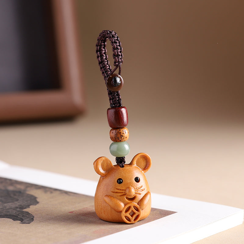 Sandalwood Zodiac Car Keychain Pendant Men and Women Cute Exquisite Mobile Phone Chain Safety Key Pendant