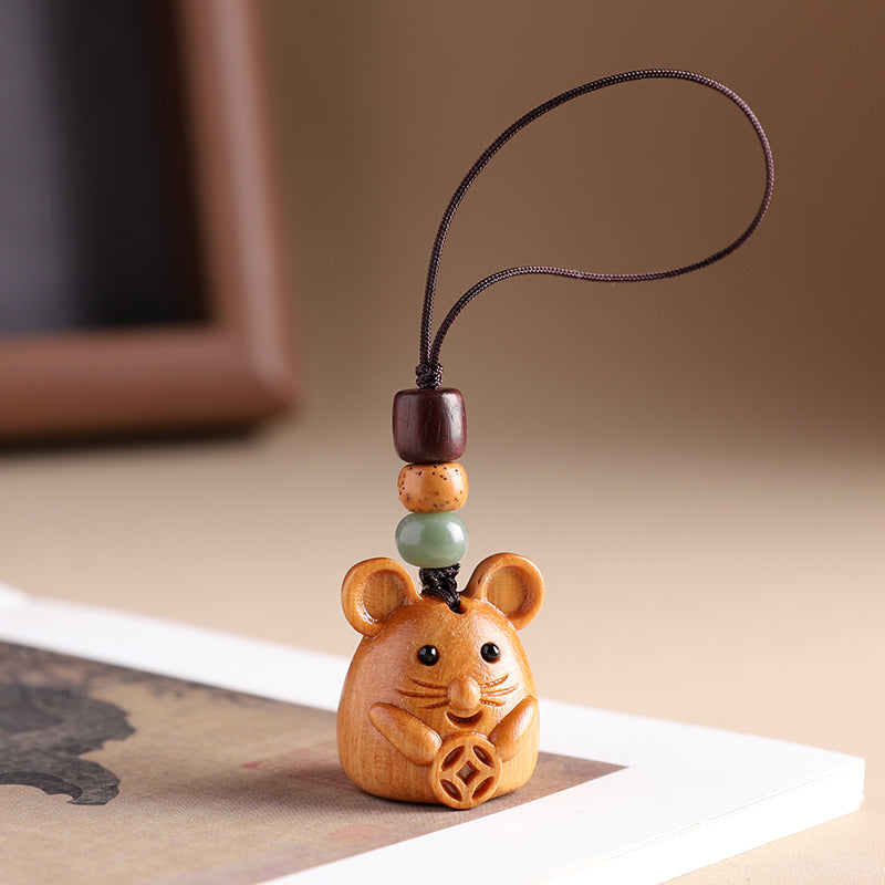 Sandalwood Zodiac Car Keychain Pendant Men and Women Cute Exquisite Mobile Phone Chain Safety Key Pendant