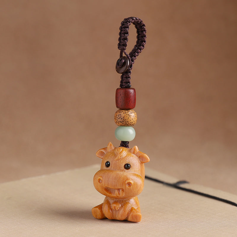 Sandalwood Zodiac Car Keychain Pendant Men and Women Cute Exquisite Mobile Phone Chain Safety Key Pendant