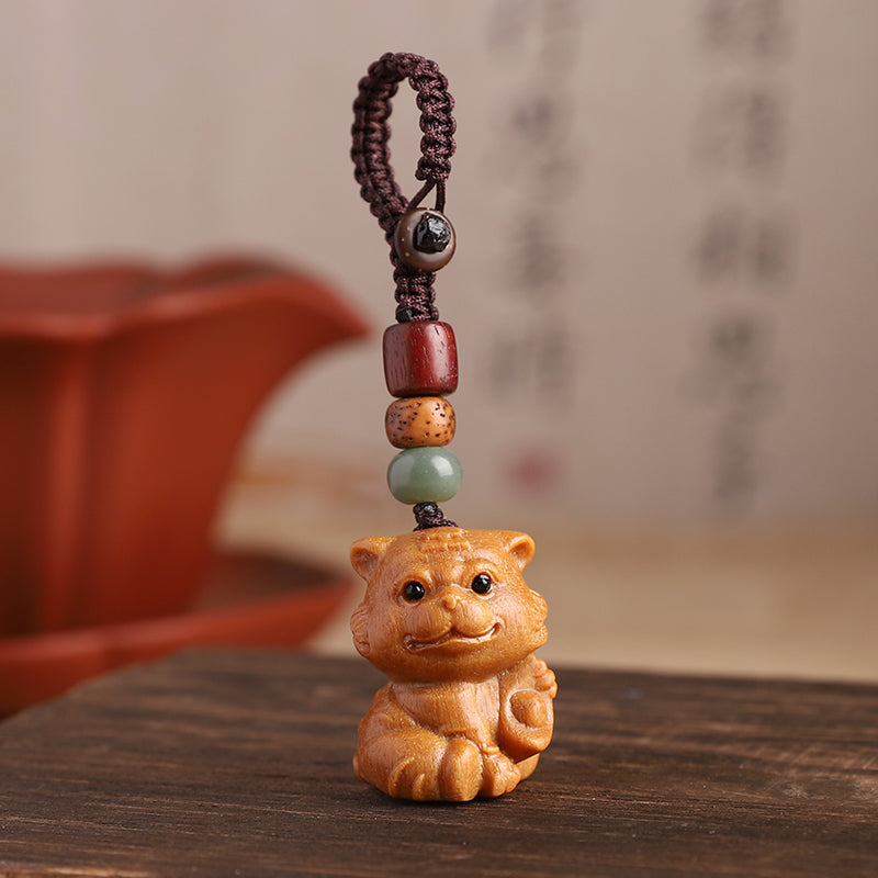 Sandalwood Zodiac Car Keychain Pendant Men and Women Cute Exquisite Mobile Phone Chain Safety Key Pendant