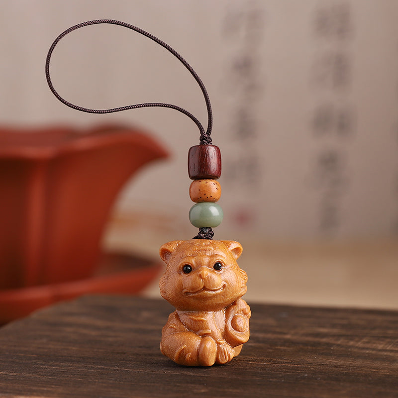 Sandalwood Zodiac Car Keychain Pendant Men and Women Cute Exquisite Mobile Phone Chain Safety Key Pendant