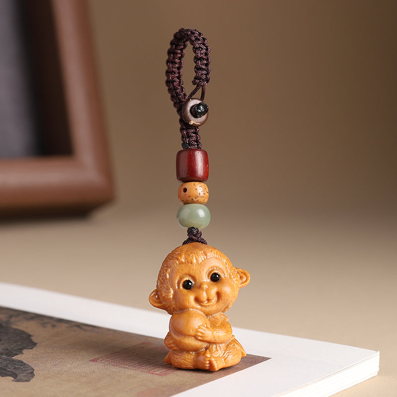 Sandalwood Zodiac Car Keychain Pendant Men and Women Cute Exquisite Mobile Phone Chain Safety Key Pendant