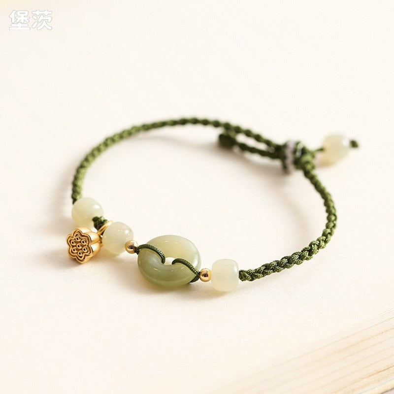 Hetian Jade Peace Buckle Bracelet Jade Peace Lotus Canopy Woven Rope Adjustable Bracelet