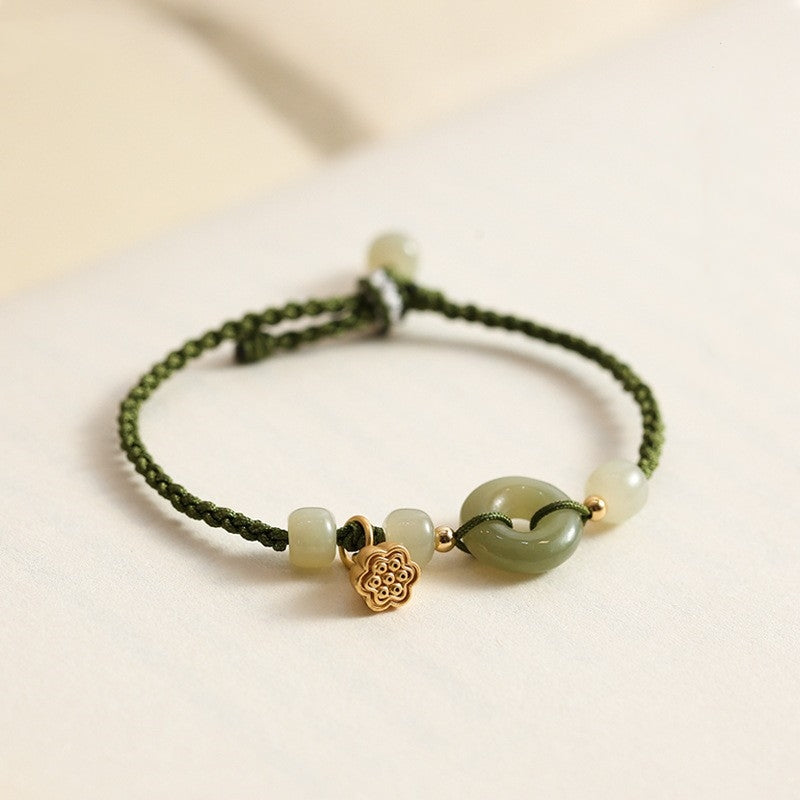Hetian Jade Peace Buckle Bracelet Jade Peace Lotus Canopy Woven Rope Adjustable Bracelet