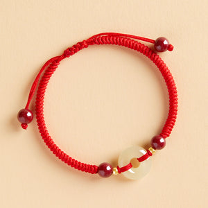 Hetian Jade Peace Buckle Red Rope Bracelet Female Cinnabar Couple Transfer Beads Exquisite-Bracelet New Year Gift