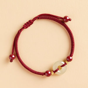 Hetian Jade Peace Buckle Red Rope Bracelet Female Cinnabar Couple Transfer Beads Exquisite-Bracelet New Year Gift