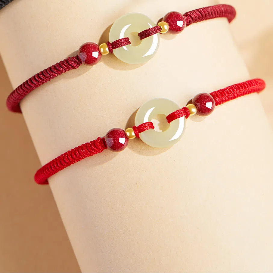 Hetian Jade Peace Buckle Red Rope Bracelet Female Cinnabar Couple Transfer Beads Exquisite-Bracelet New Year Gift