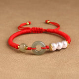 Hetian Jade Peace Buckle Bracelet Zodiac Year Woven Red Rope Vermilion Bracelet Transfer Beads Couple Bracelet