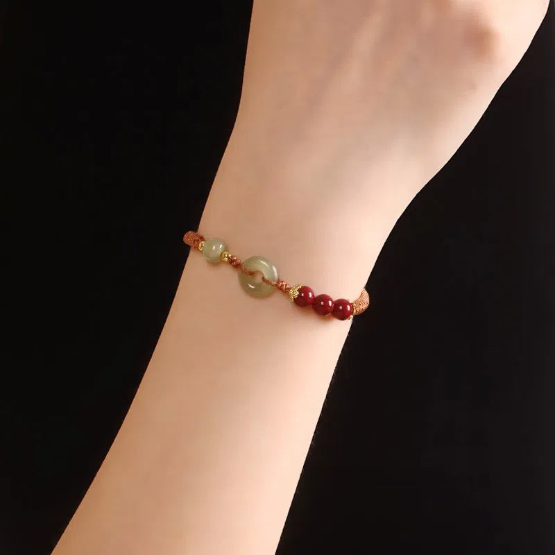 Hetian Jade Peace Buckle Bracelet Zodiac Year Woven Red Rope Vermilion Bracelet Transfer Beads Couple Bracelet