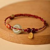 Red Rope Hetian Jade Peace Buckle Bracelet For Men And Women Zodiac Year Transfer Beads Braided Bracelet Couple's Hand Jewelry