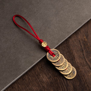 Copper Five Emperors Coins Car Keychain Safe Key Hanging Rope Hand Woven Car Pendant Gift