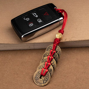 Copper Five Emperors Coins Car Keychain Safe Key Hanging Rope Hand Woven Car Pendant Gift