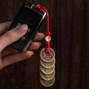 Copper Five Emperors Coins Car Keychain Safe Key Hanging Rope Hand Woven Car Pendant Gift