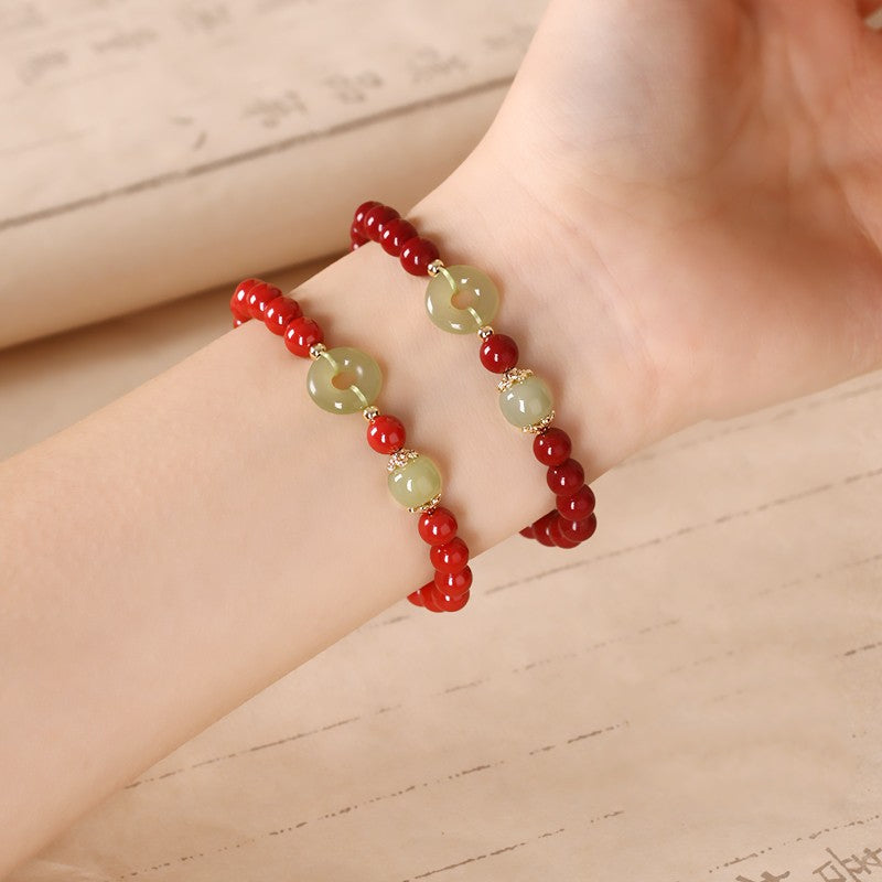 Cinnabar Bracelet Natural Hetian Jade Peace Buckle Bracelet Zodiac Year Transfer Bead Jewelry Gift